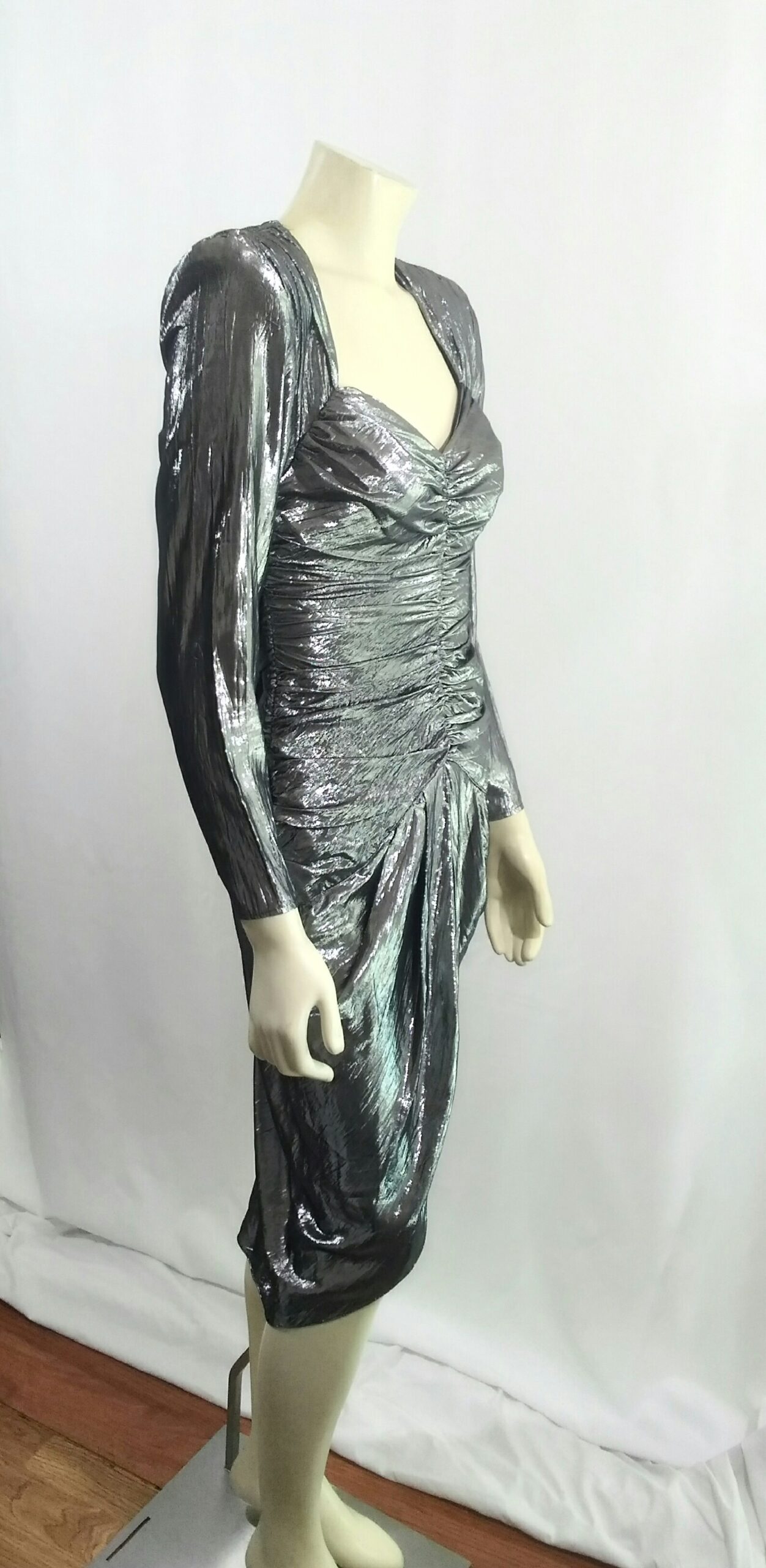 Vintage 1980's B.B. Collection Silver/Gun Metal Metallic Raunch Cocktail Dress with Sweetheart Neckline