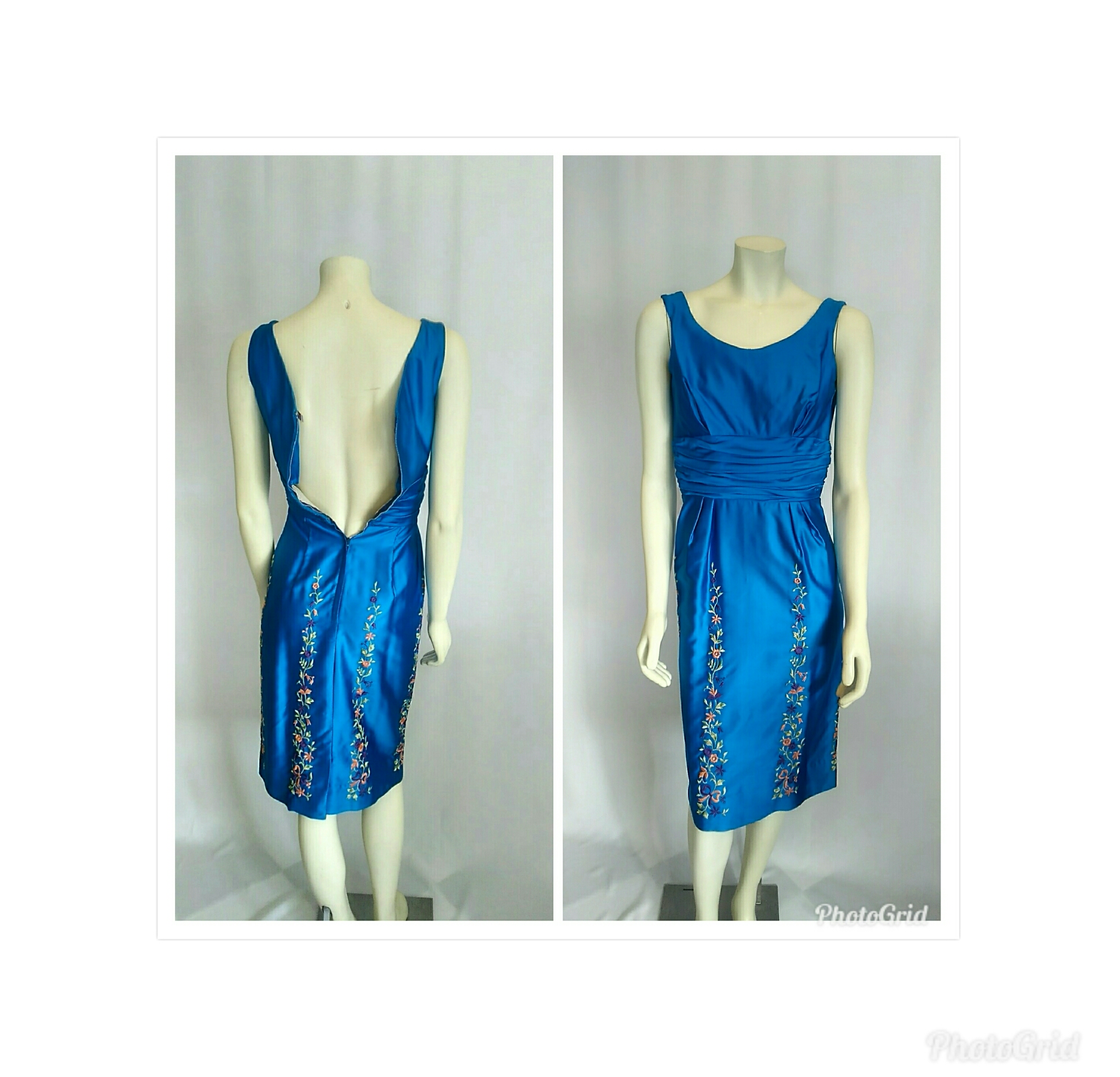 Vintage 1950's Royal Blue Satin Dress and Coat Ensemble
