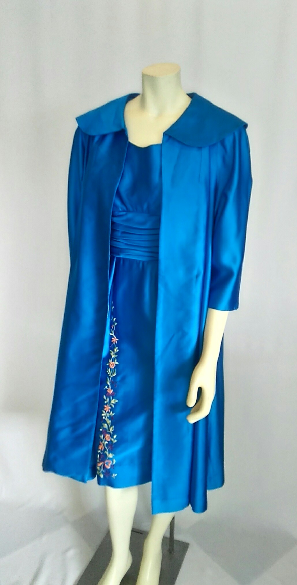 Vintage 1950's Royal Blue Satin Dress and Coat Ensemble
