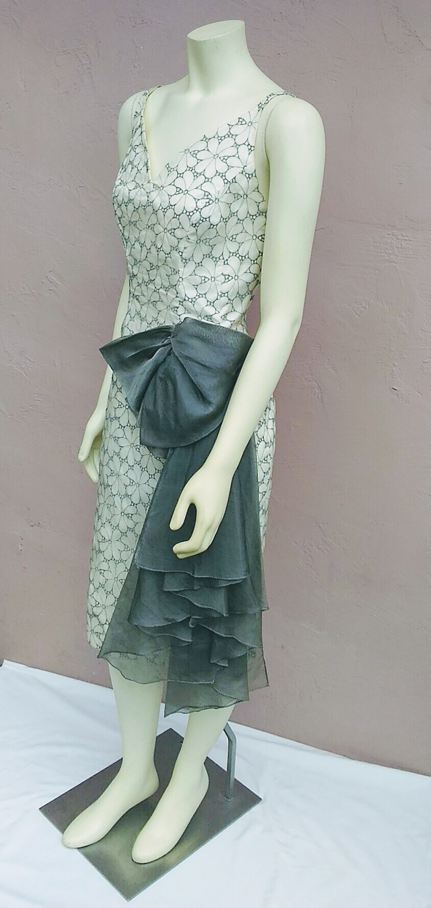 Vintage 1950's Stunning Lee Claire; Organdy Silk Gray Eyelet Cocktail Dress