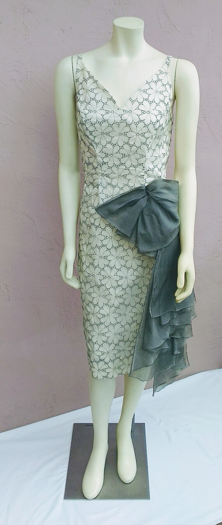 Vintage 1950's Stunning Lee Claire; Organdy Silk Gray Eyelet Cocktail Dress