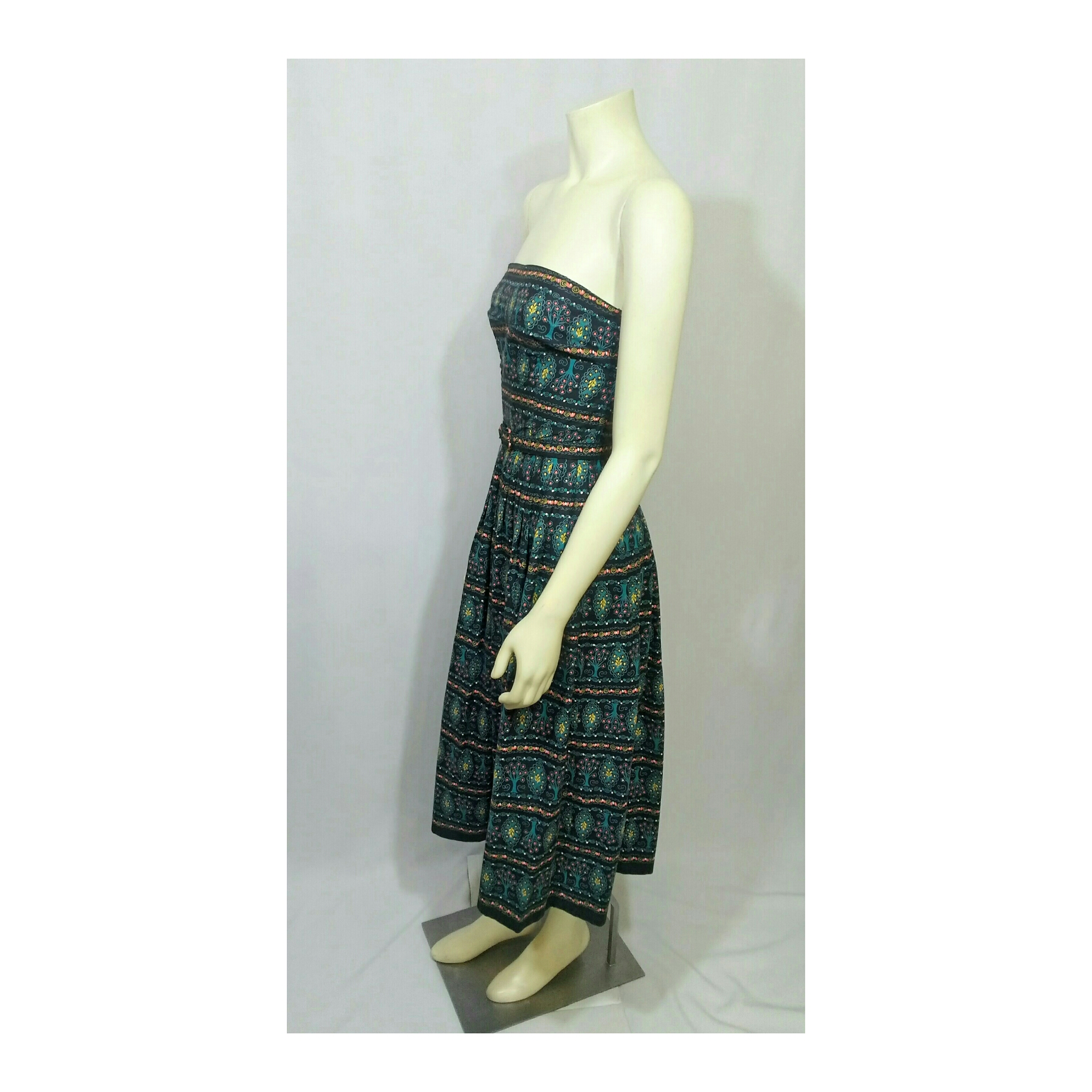 Vintage 1950’s Strapless Dress with Matching Shrug and Belt (Tree Patterned Design)