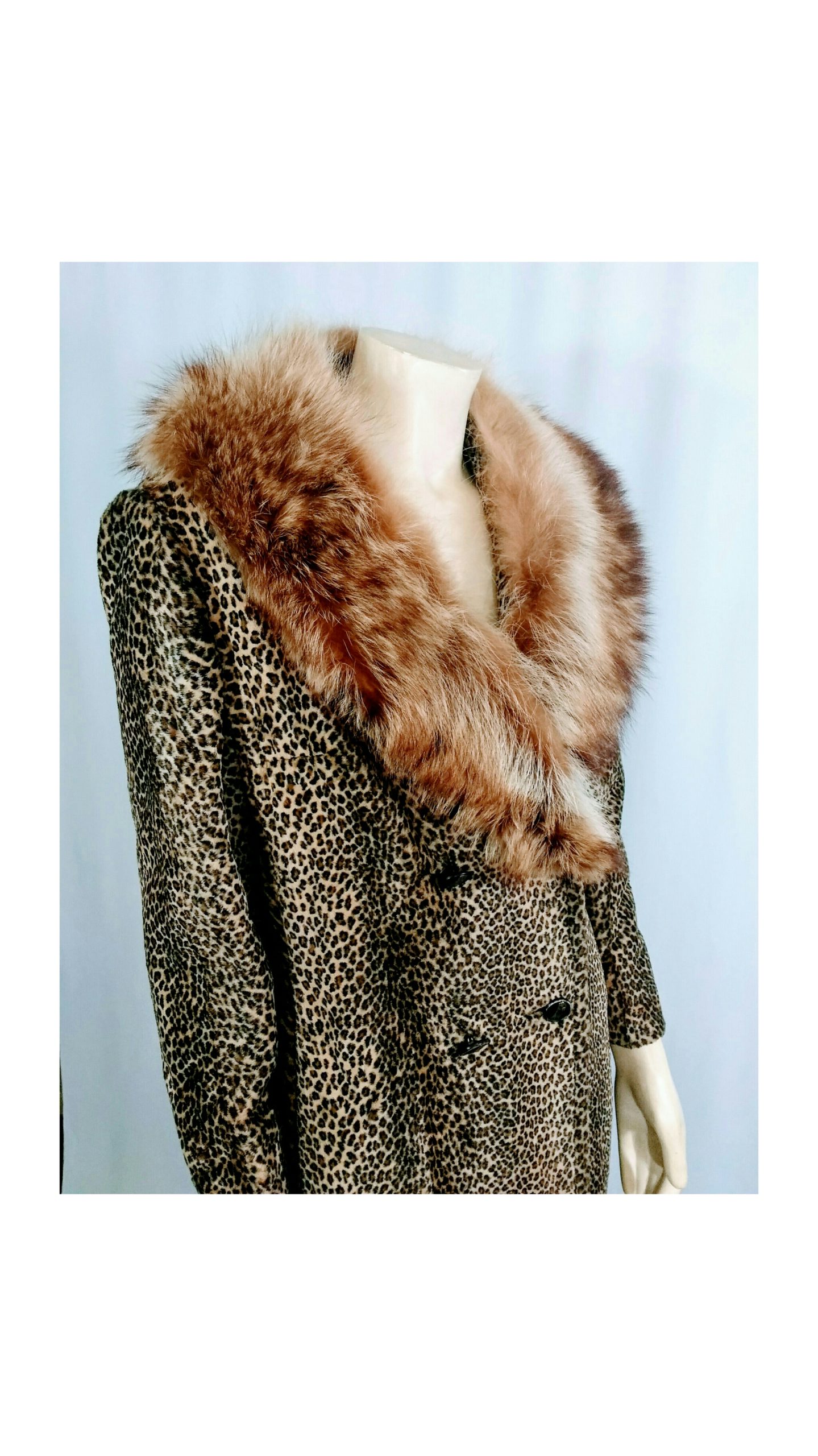 Vintage 1960's Leopard Fur Faux Coat with Genuine Fox Fur- Union Made