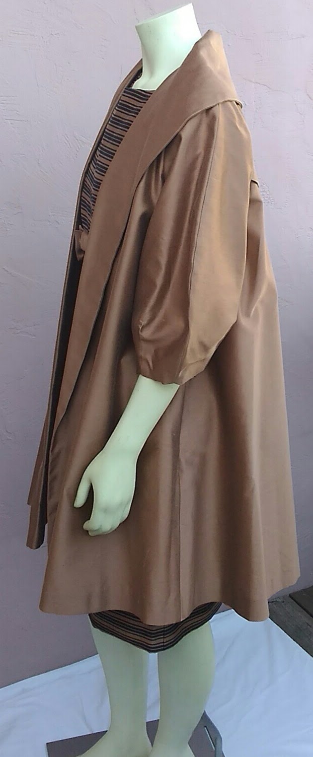Vintage 1960's Couture, Silk Cocktail Dress w/Swing Jacket in Bronze and Black