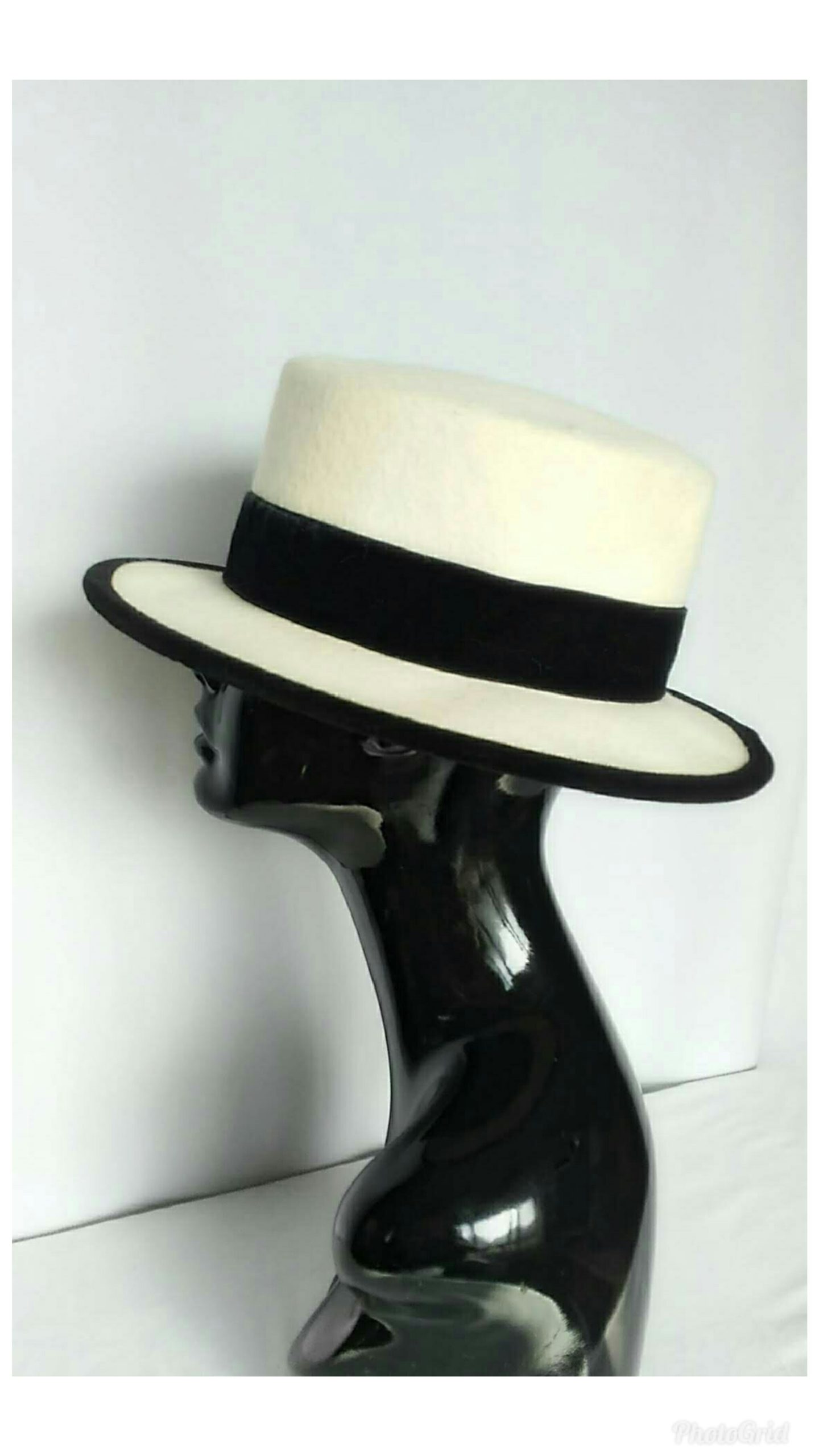 Vintage 1980's Italian made Hat; Winter White Wool and Black Velvet Hat for Nordstrom